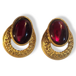 Oversized Dauplaise Gold Plated Red Cabochon Clip-on Vintage Earrings