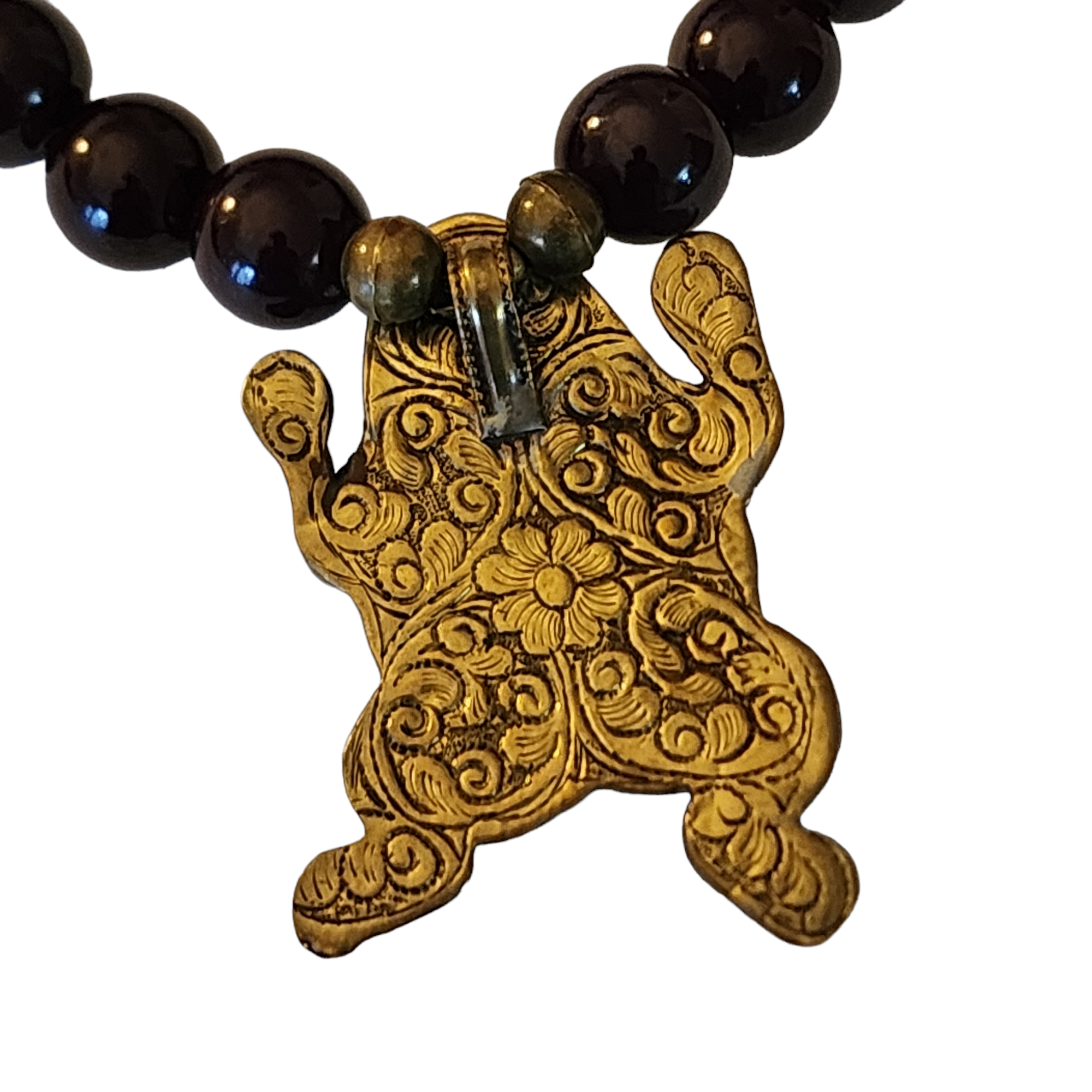 Vintage Bakelite Brown Translucent Necklace and Large Brass Frog Ammonite Pendant