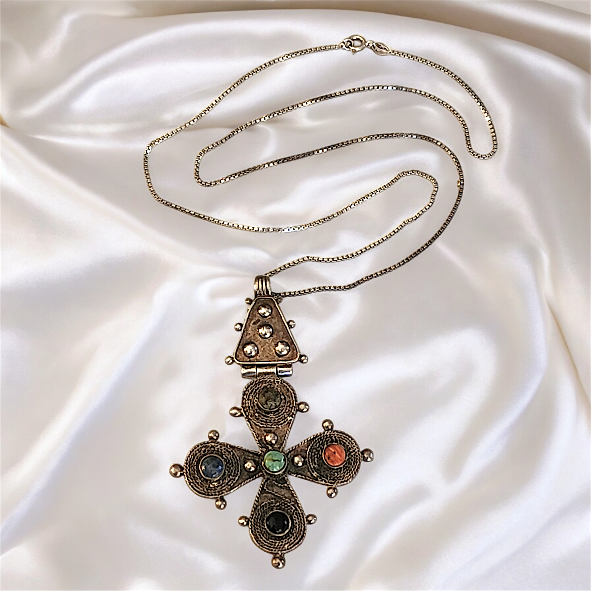 Sterling Silver Ornate Gemstone Cross Vintage Necklace