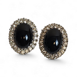 Silver Tone Glass Black Cabochon Diamante Clip-on Vintage Earrings