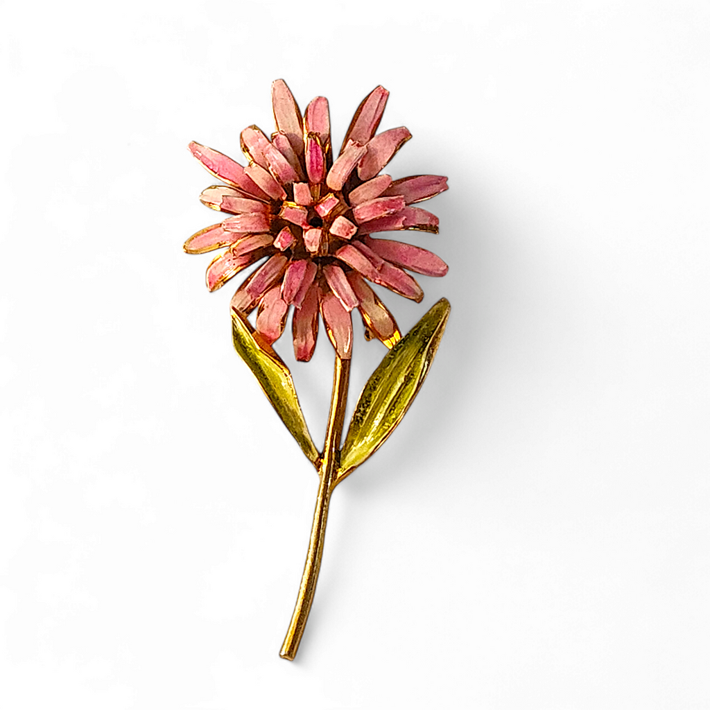 Pink and Green Enamel Gold Plated Tone Three Dimensional Toothed Petal Flower Vintage Brooch