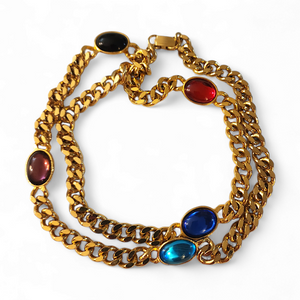 Gorgeous 30" Sautior Glass Cabs Gold Plated Onyx Ruby Sapphire Runway Couture Vintage Signed Link Necklace