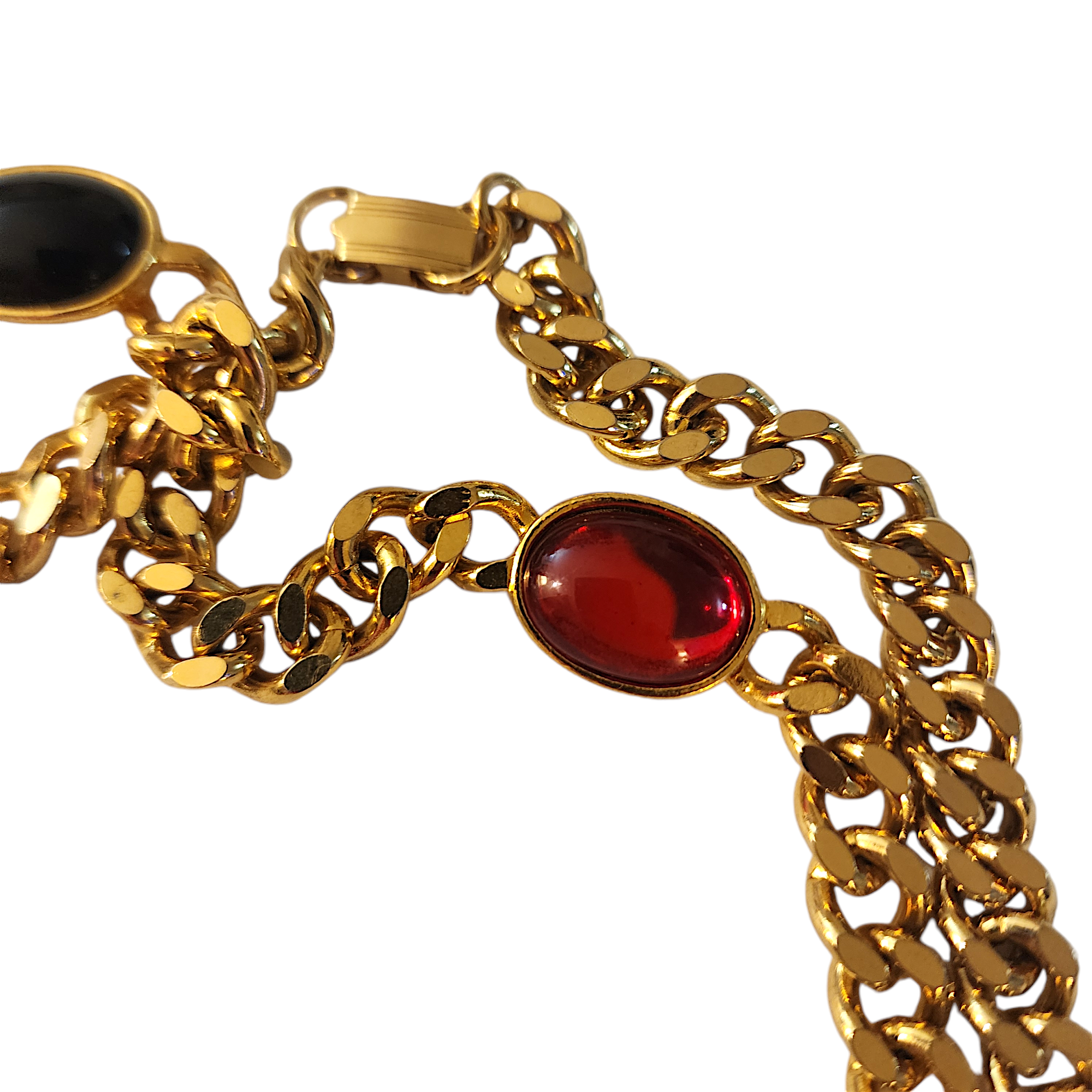 Gorgeous 30" Sautior Glass Cabs Gold Plated Onyx Ruby Sapphire Runway Couture Vintage Signed Link Necklace