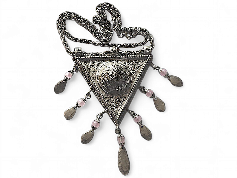 Pauline Radar Etruscan Silver Tone Amulet Glass w/ Purple Bead Dangling Pendant Haute Couture Necklace