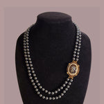 Vintage Menorca Double Strand Hematite Removeable Cameo Brooch  Clasp Pearl Necklace