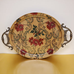 Stunning Castilian Floral Oval Hand Painted Porcelain Brass Handles Tray