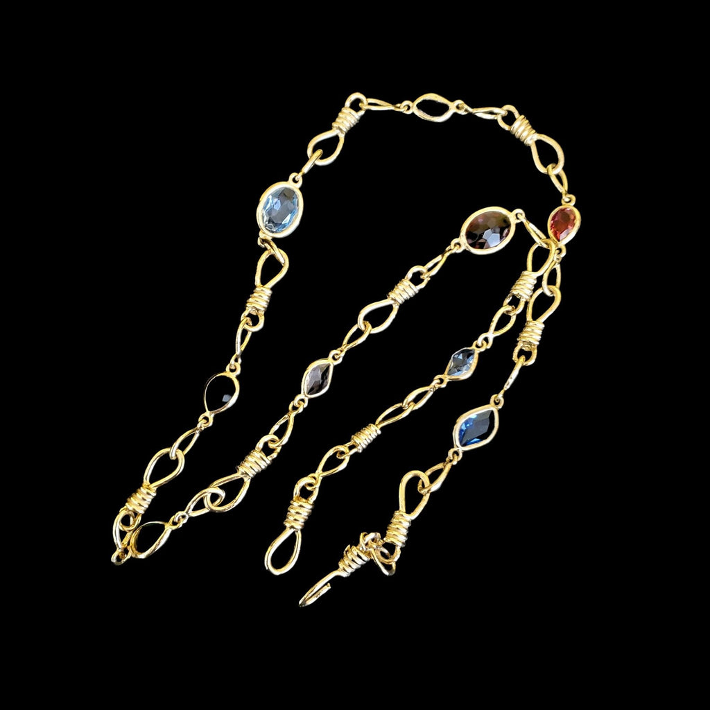 KJL Gold Plated Barb Wire Multi-Colored Glass Lucite Cabochon Kenneth Jay Lane Vintage 32" Necklace