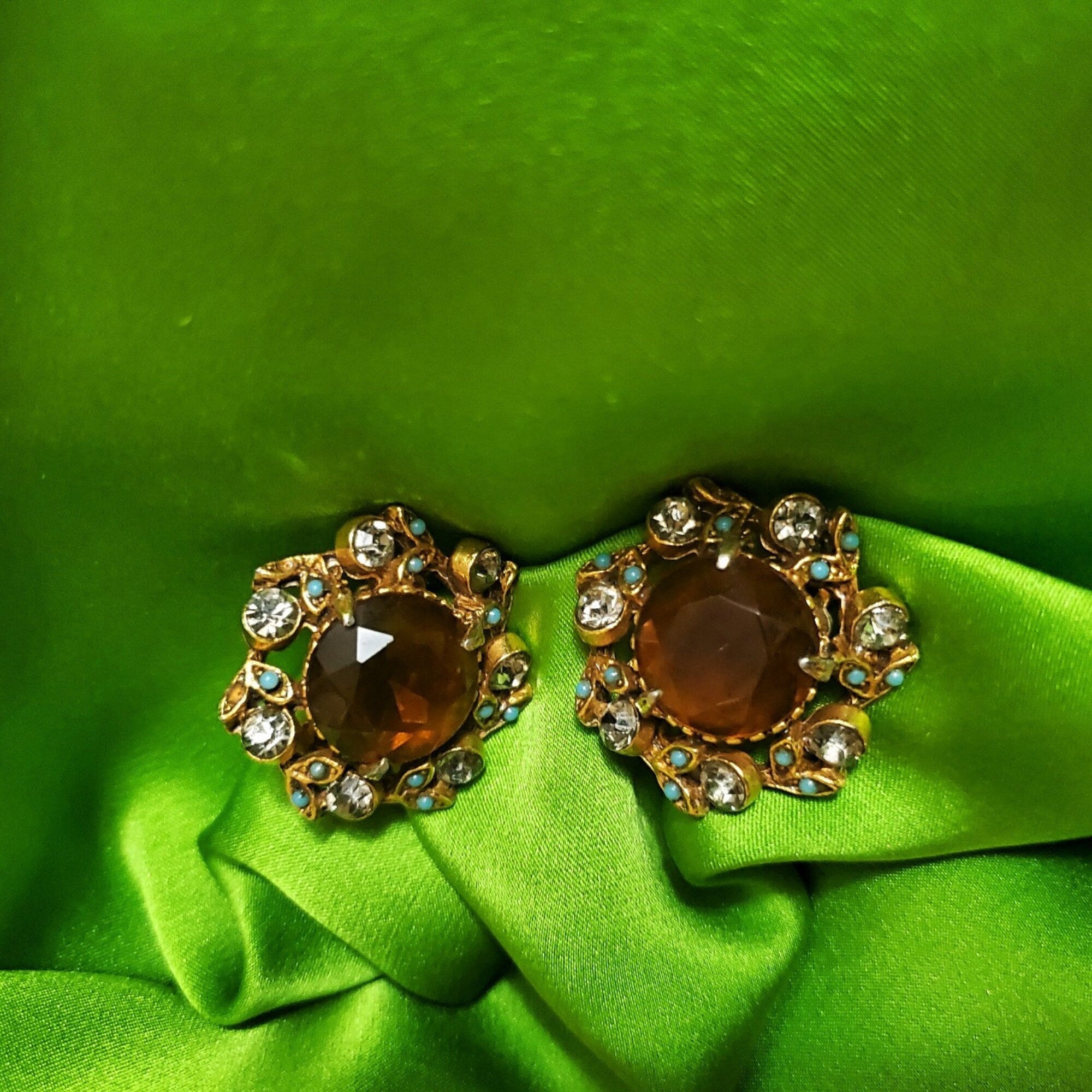 FLORENZA Faux Amber Antique Gold Clip On Statement Victorian Style Earrings