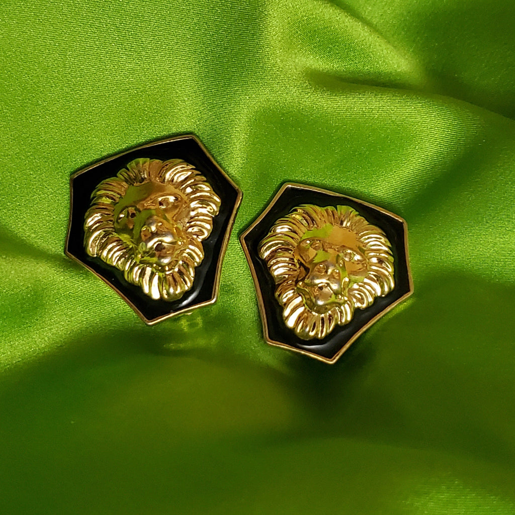 ANNE KLEIN Iconic Lion Logo Bizantine Gold Tone Black Enamel Runway Couture Statement Vintage Clip On Earrings