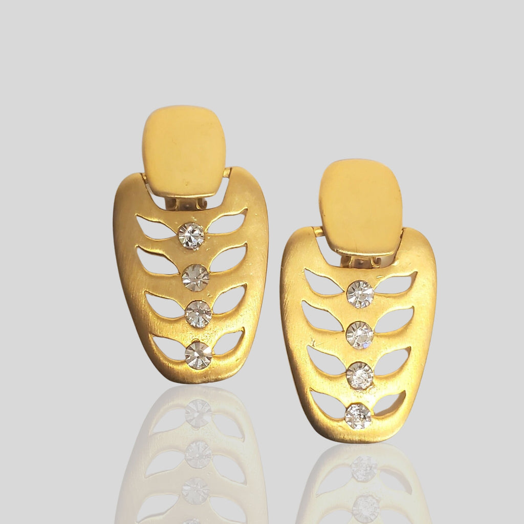 Stunning Brushed Matte Gold Tone Diamante Door Knockers Clip On Statement Earrings Runway Couture