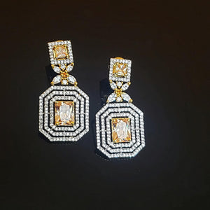 18K Emerald Cut White Yellow Gold Plated Citrine Pave Illusion Stones Dangling Drop Earrings, Wedding Earrings, Runway, Couture