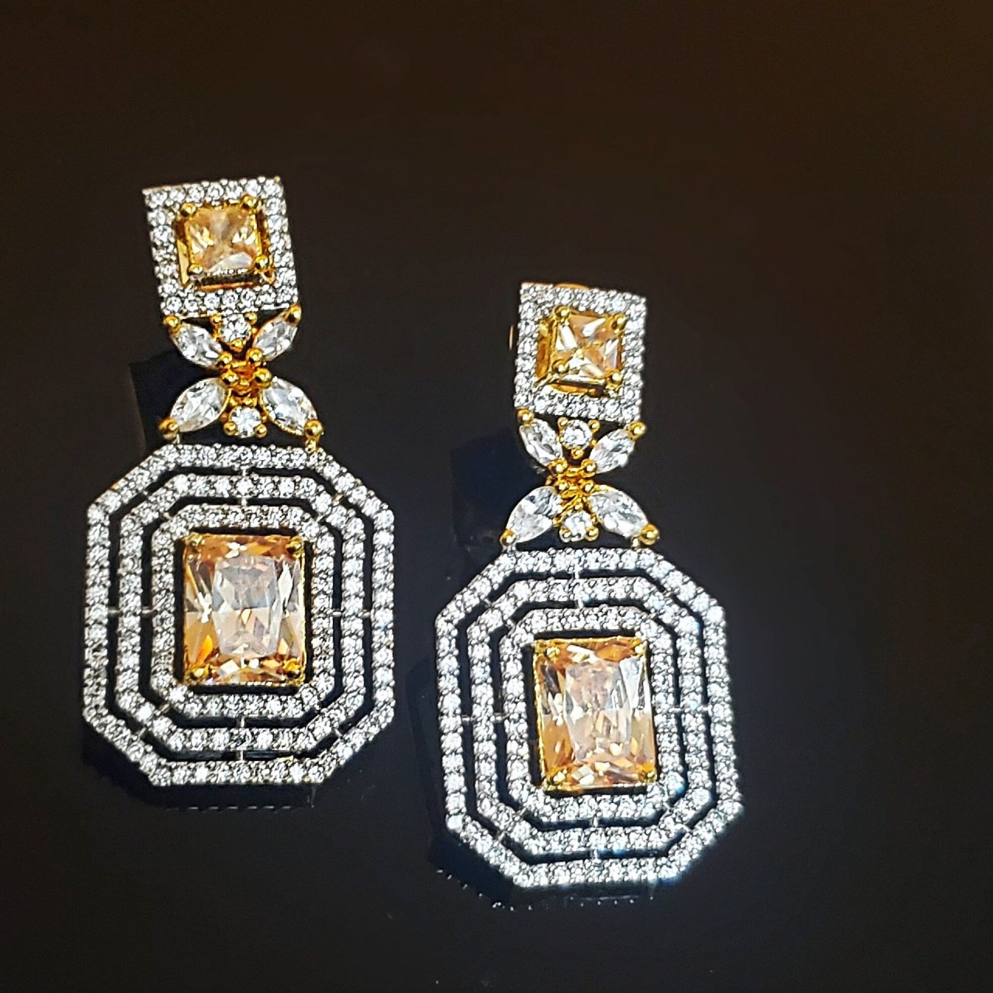 18K Emerald Cut White Yellow Gold Plated Citrine Pave Illusion Stones Dangling Drop Earrings, Wedding Earrings, Runway, Couture