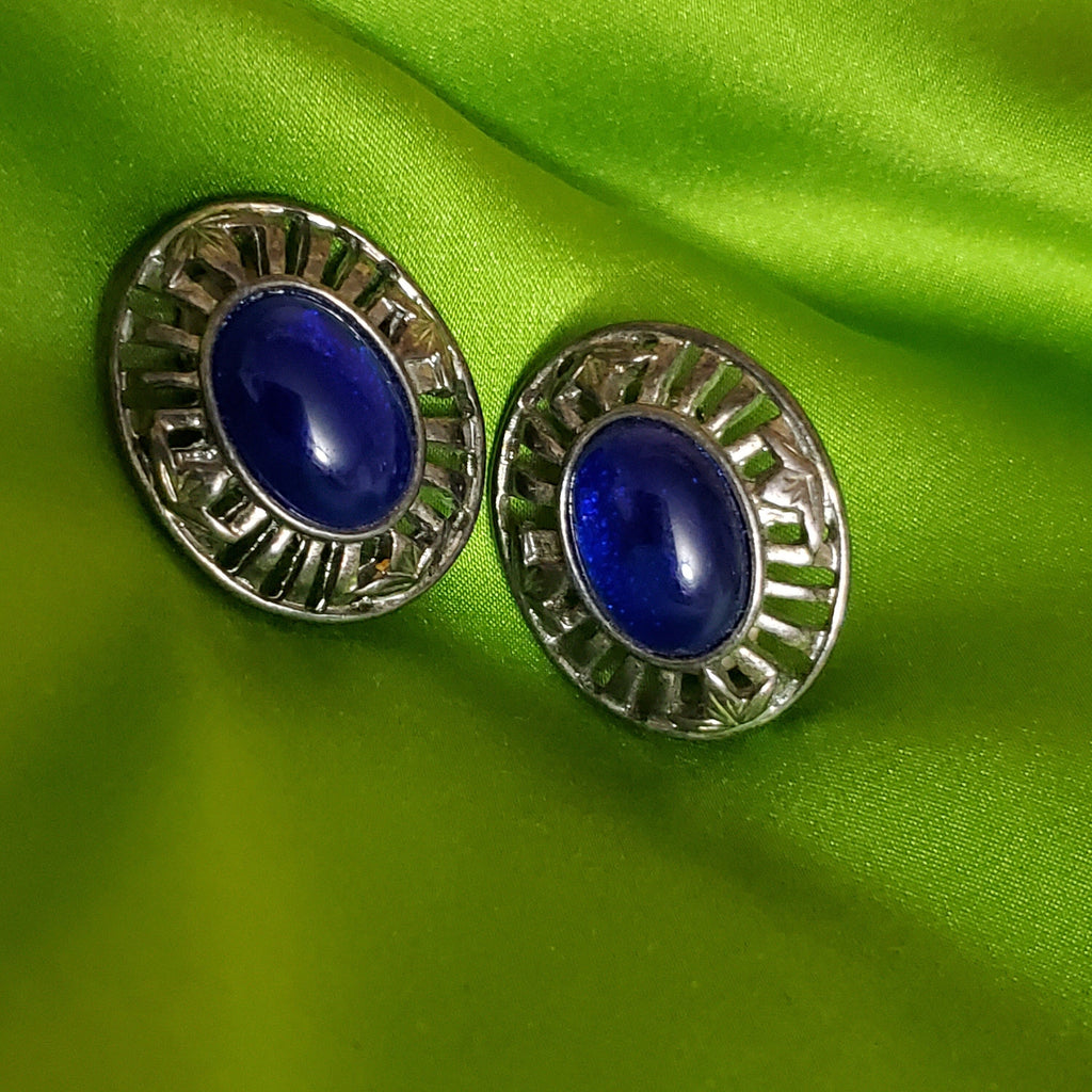 Etruscan Revival Blue Cabochon Oval Disc Silver Tone Vintage Clip On Earrings