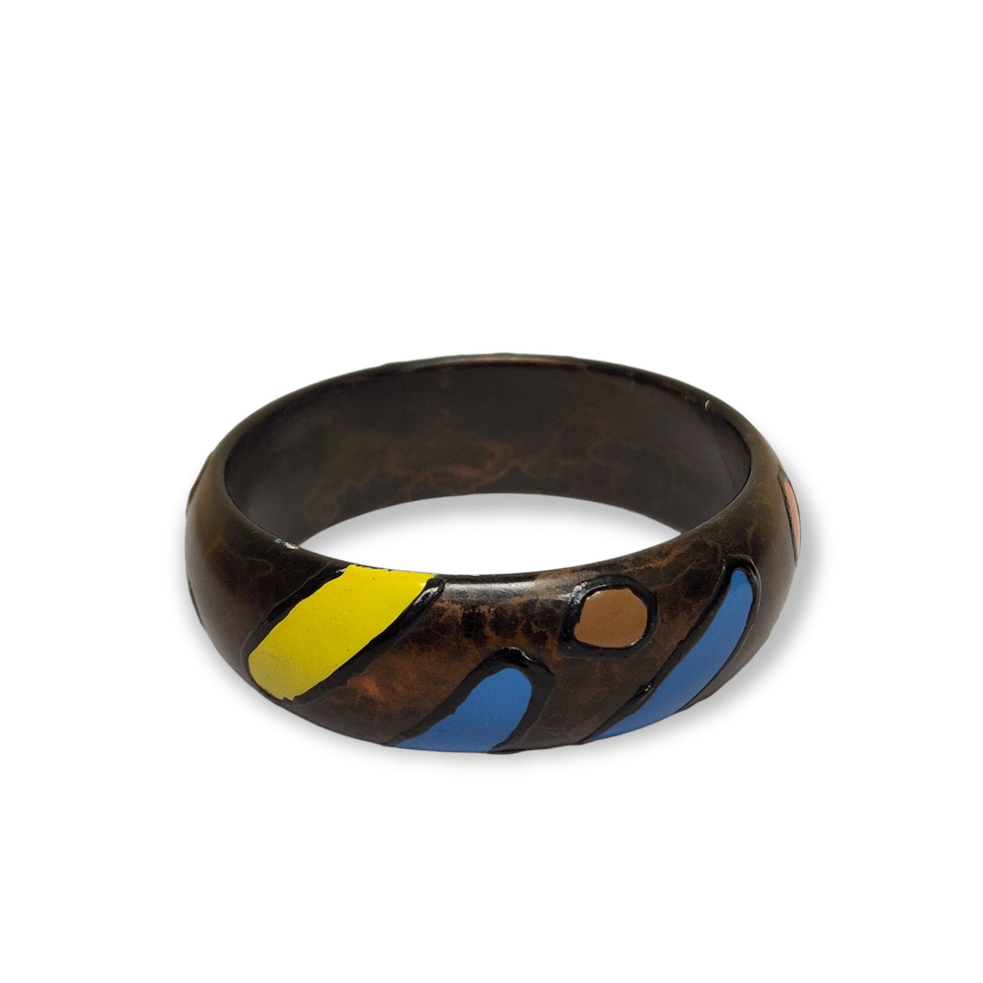 Cool Lacquered Abstracted Painted Wood Vintage Bangle Bracelet Fits up to 7"