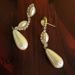 Beautiful Faux Pearl Rhinestone Teardrop Vintage Yellow Gold Plated Earrings, Victorian Style Earrings, Hollywood Regency