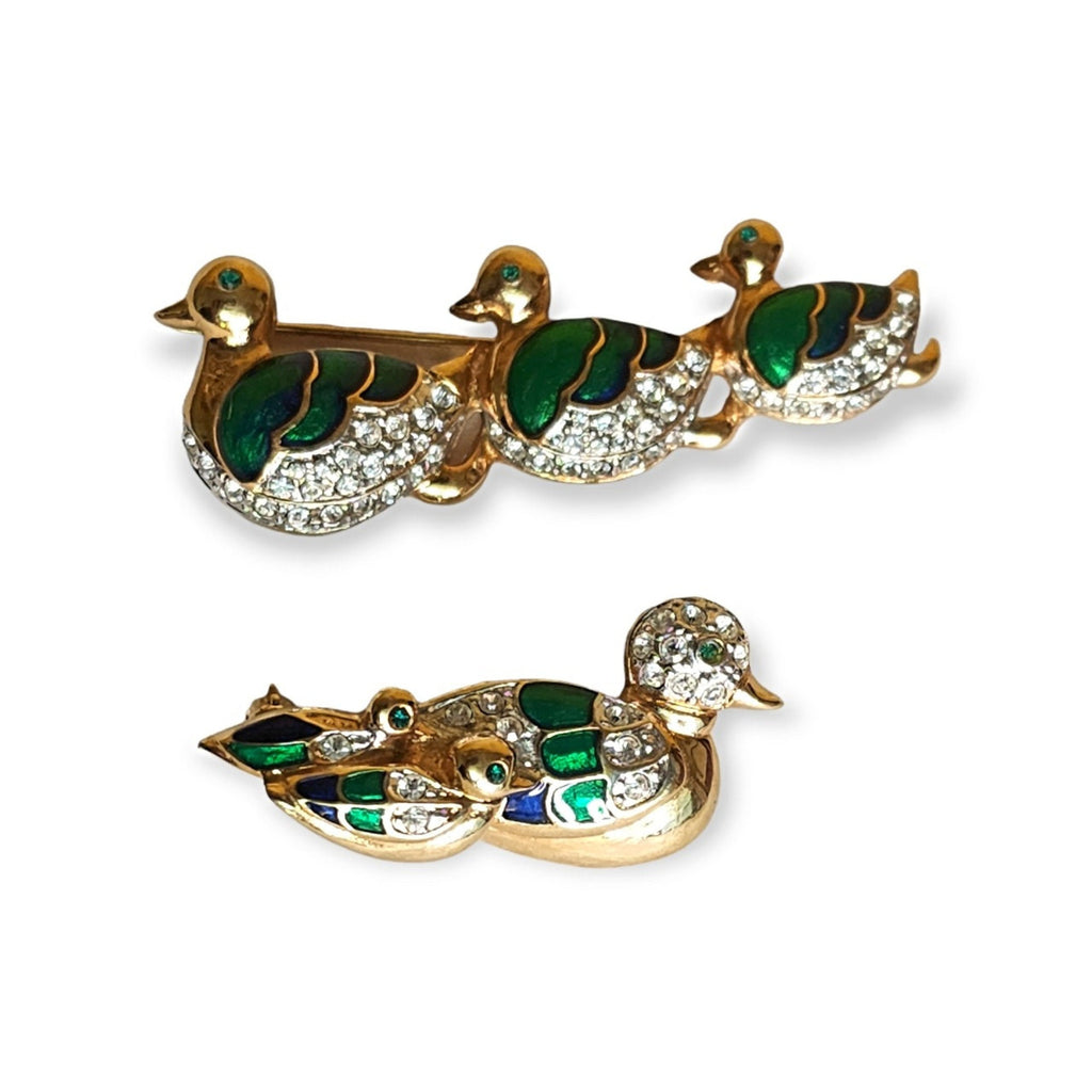 Mother Duckling Family Trio Green Enamel Swarovski Crystal Diamante Vintage Brooch Pin, Swan Brooch, Choice