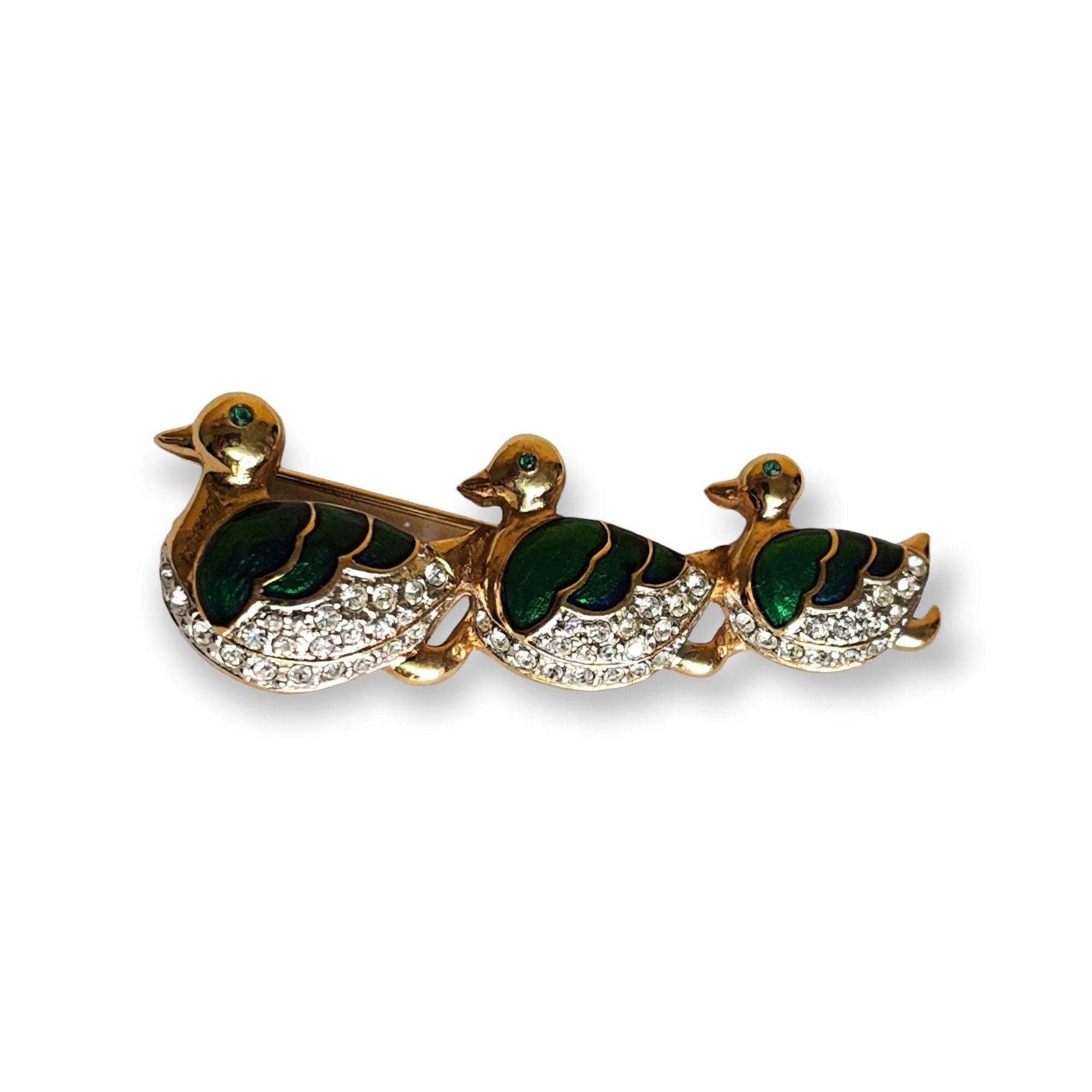 Mother Duckling Family Trio Green Enamel Swarovski Crystal Diamante Vintage Brooch Pin, Swan Brooch, Choice