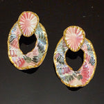 Pink Floral Porcelain Hoop Pierced Handmade Handpainted 22K Yellow Gold Trim Vintage Earrings