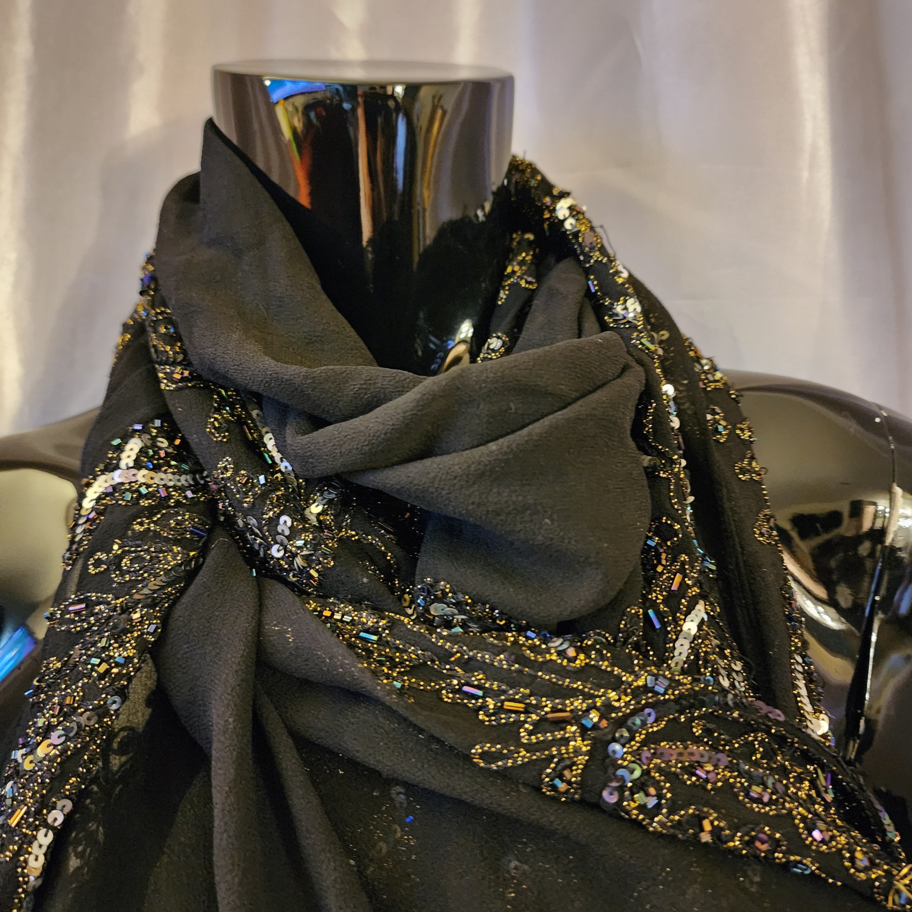 72" Vintage Lord and Taylor Black Silk Sequence Scarf