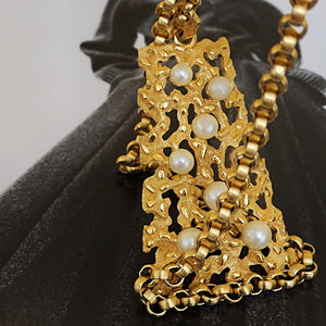 Gorgeous 42" TRIFARI Double Strand Rolo Chain Gold Pearl Pendant Necklace, Runway, Couture