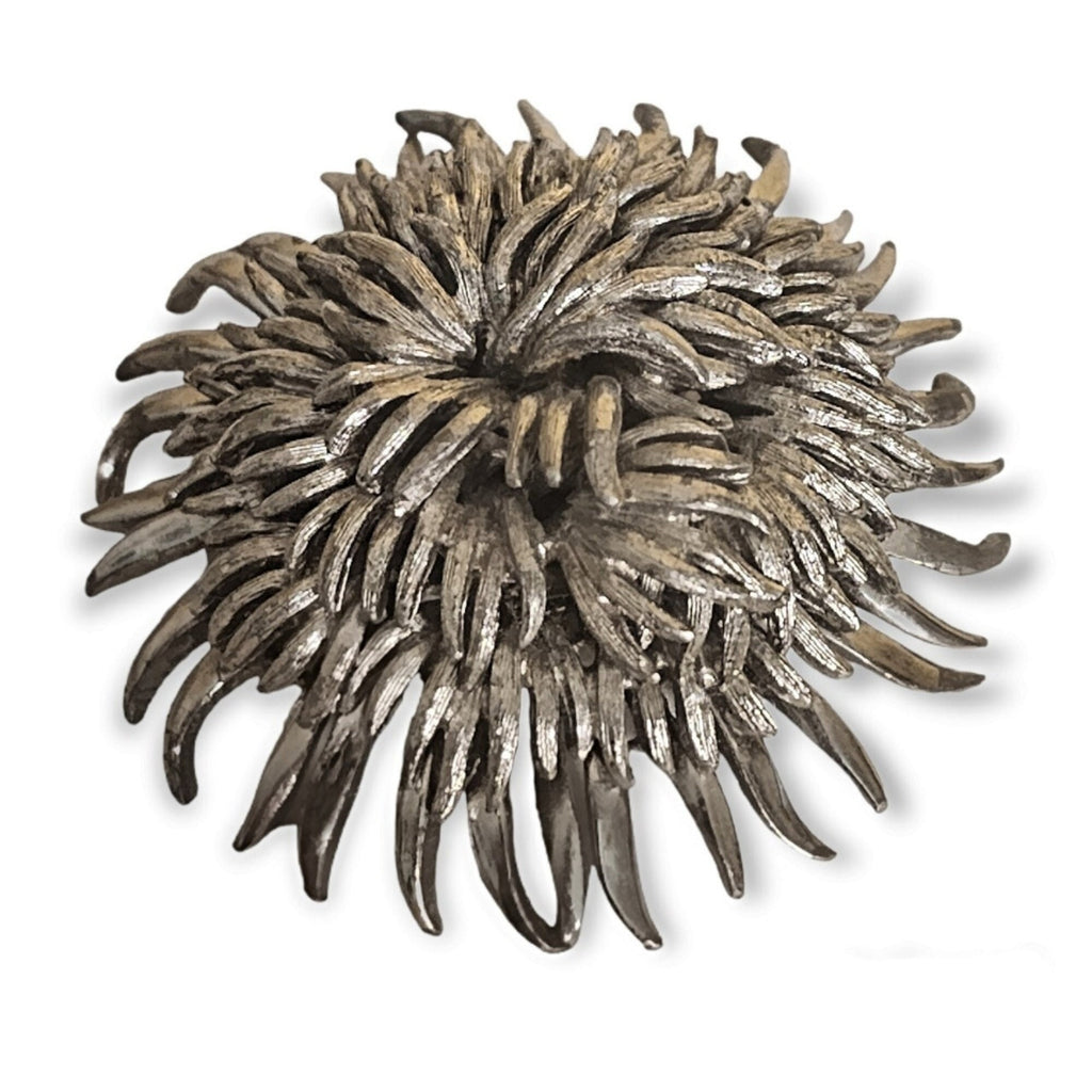 Brutalist Floral Spiked Domed Silver Tone Vintage Brooch