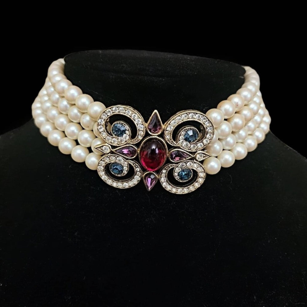 Stunning! Richelieu Faux Pearl Diamante Crystals Moghul Style Gold Plated Choker Vintage Necklace