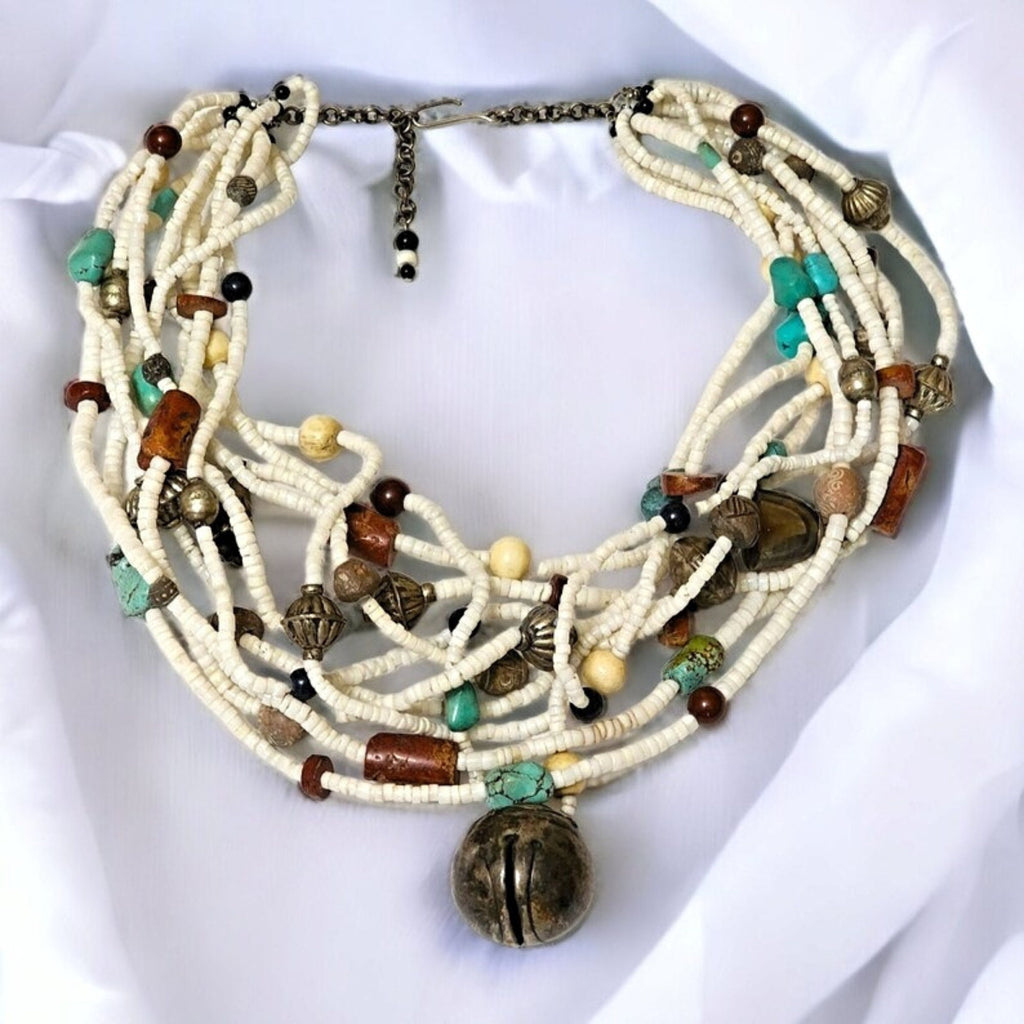 Striking Multistrand Tibetan Crotal Bell Pendant with Turquoise Fossil Coral Seed and Agate Bead Silver Carved Accents Vintage Necklace