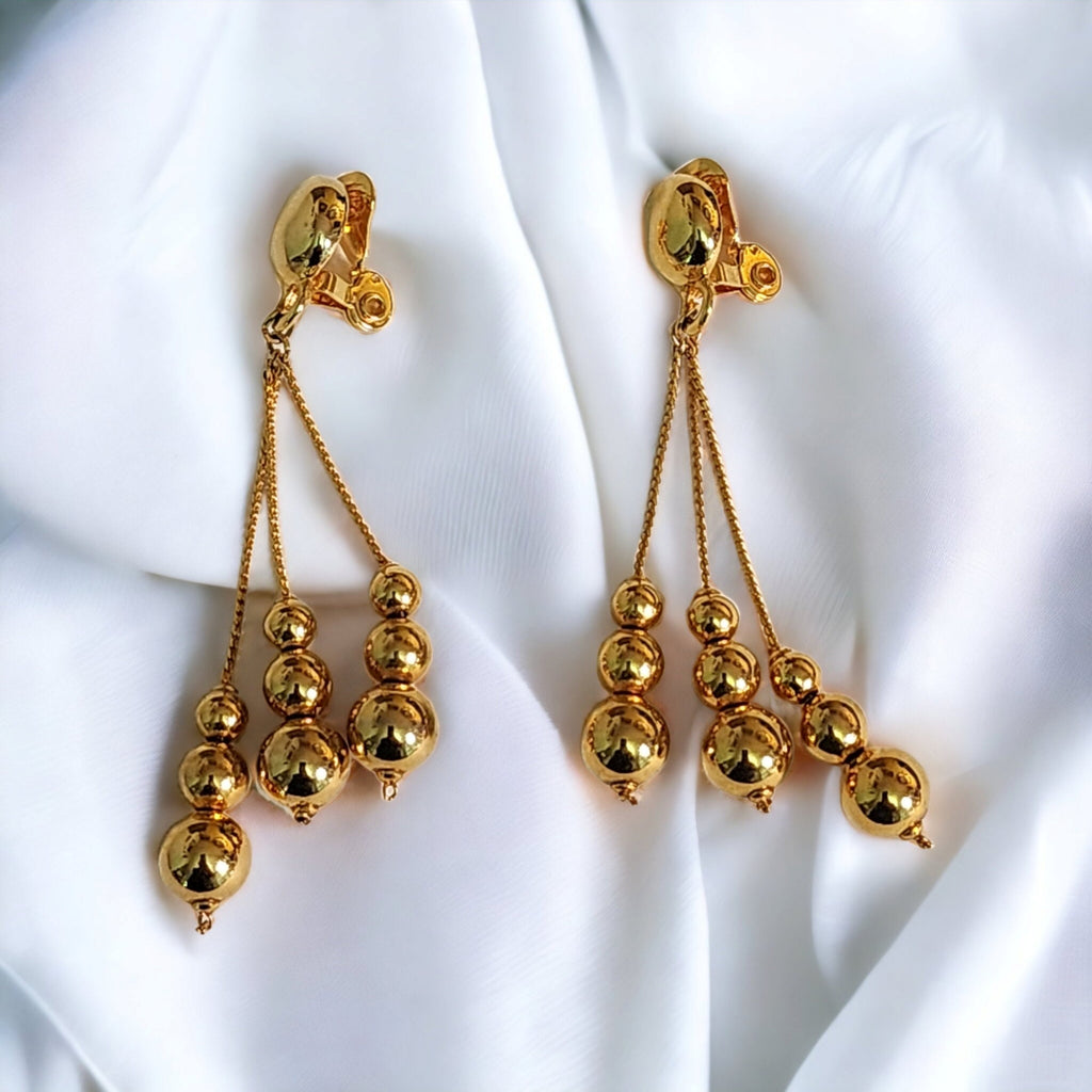 Shoulderduster Snake Chain Linear Triple Tassel Ball Gold Plated Dangle Earrings, Tear Drop Vintage, Domed Clip On Earrings