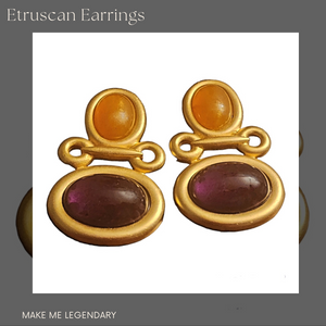 Etruscan Amethyst Carnelian Faceted Cabochon Gold Plate Earrings